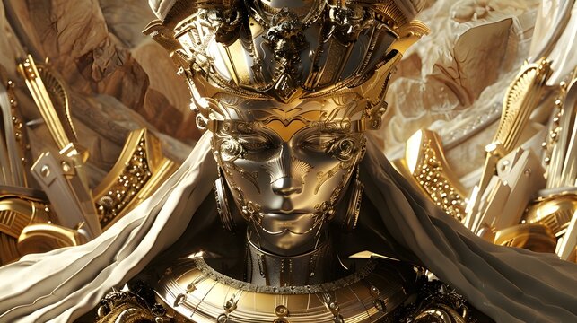 Magnificent Mythological Deity Adorned in Ornate Golden Regalia Seated on Intricate Throne