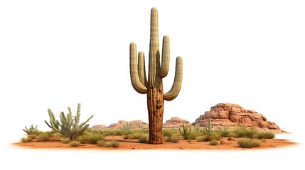 Detailed 3D render of a Saguaro cactus, towering and stately, with realistic textures and spines, perfectly isolated on a white background for desert-themed designs.