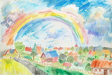 A childs drawing of a pastel rainbow over a peaceful village, brimming with innocence and warmth
