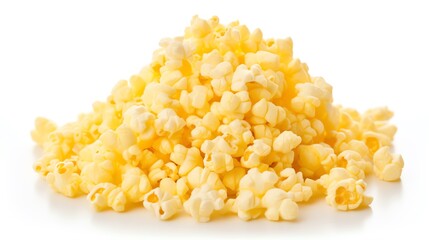 Detailed image of a small pile of buttery popcorn, glistening with a light coating of salt, grouped together and isolated against a stark white background to emphasize its deliciou