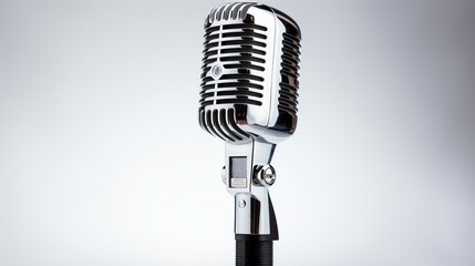 Detailed image of a vintage ribbon microphone with a polished chrome stand, its retro appeal perfectly captured and isolated against a stark white background for music studio adver