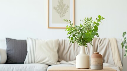 Beautiful home furniture detail, frame and vase of plant. Generative Ai