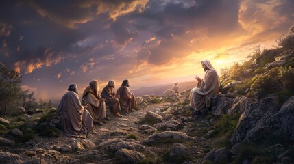 Jesus and his disciples engaged in a deep, spiritual conversation on a rocky path, with a dramatic sunset illuminating the sacred moment hyper realistic 