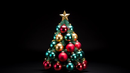 Vibrant close-up of a small artificial Christmas tree, decorated with miniature ornaments, perfectly illuminated and isolated on a white background for holiday promotions.