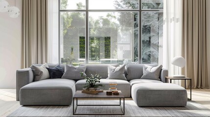 Bright and airy living space featuring a charcoal couch, center table, and large window.