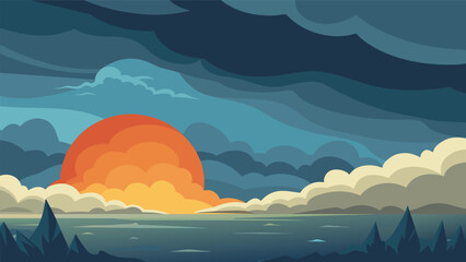 A stormy sky clearing up to reveal a serene sunset illustrating the calming effects of stoicism on the mind.. Vector illustration
