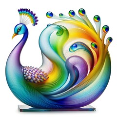 Fototapeta premium A stunning blown glass sculpture of a playful, a Peacock with seamlessly blended rainbow colors, white background