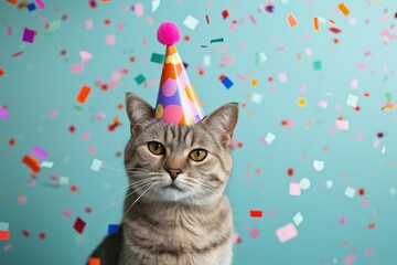 British Shorthair cat wearing a colorful party hat, surrounded by vibrant flying confetti on a cheerful blue background.