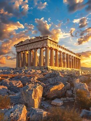 A day-time portrayal of the Acropolis in Athens, Greece featuring the Parthenon temple.
