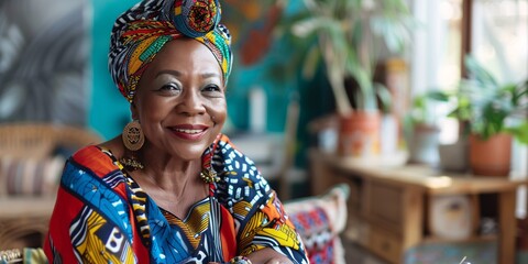 A joyful and cheerful older lady taking pictures at home for Mother's Day, wearing vibrant African attire.