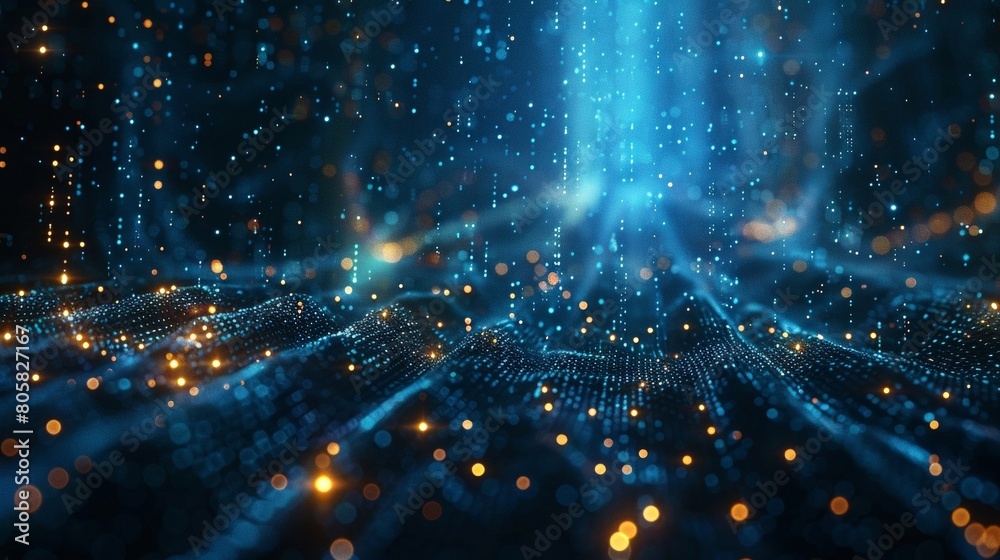 Poster picture a futuristic digital realm filled with neon streams of light and intricate patterns of code,