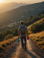 Obraz premium Father walking with his son r along a quiet mountain road as the sun rises