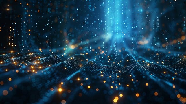 Picture a futuristic digital realm filled with neon streams of light and intricate patterns of code, creating a mesmerizing display that embodies the concept of information exchange.