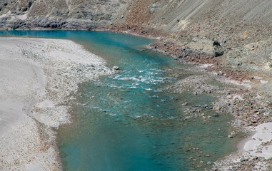 Turquoise colored waters of the Shyok River near the Indian border with China