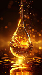 Golden water droplets splashing close-up on water surface 3d illustration, essential oil droplet molecules macro close-up