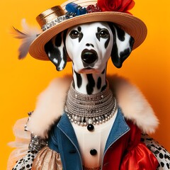 dog with a toy in their hands, dog with toy, Creative animal concept. Dalmatian dog puppy in glam fashionable couture high end outfits isolated on bright background advertisement, copy space. birthday