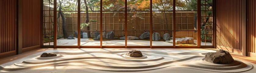 Intricate sand designs in a zen garden, evoking a sense of tranquility and mindfulness
