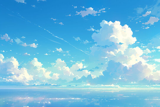 Blue sky, white clouds and green lawn in spring and summer