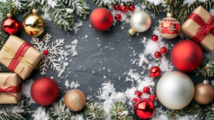 A Christmas scene with a black background and a bunch of red and white ornaments