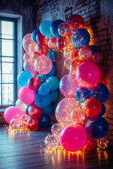 A balloon arch adorned with fairy lights woven through the balloons, creating a dazzling and luminous display for parties or celebrations.