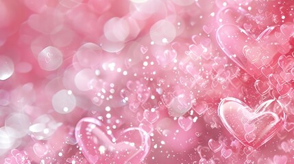 A pink background with hearts and lights, creating an atmosphere of love for Valentine's Day. The design includes sparkles, swirls, bokeh effects.