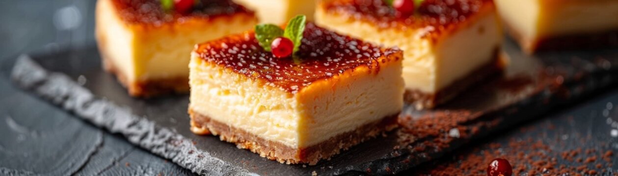 Delicious Creme Brulee Cheesecake Bars. AI-generated.