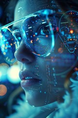 Illustration of a female with spectacles fully engrossed in the realm of cutting-edge coding and statistical investigation