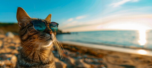 A cat wearing sunglasses is standing on a beach
