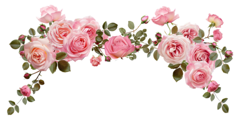 Beautiful arch composed of pink roses and rich green leaves, cut out