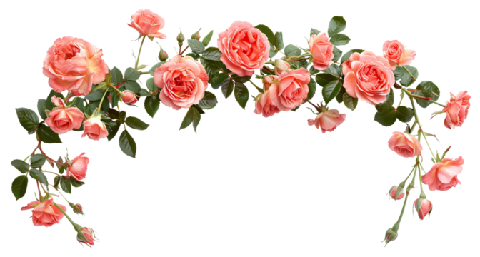 Beautiful arch composed of elegant pink roses and rich green leaves, cut out