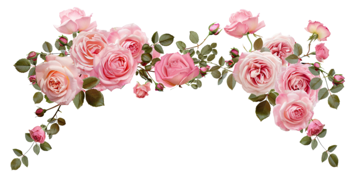 Beautiful arch composed of pink roses and rich green leaves, cut out