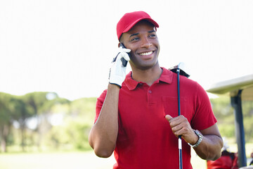 Obraz premium Man, phone call and conversation on golf course, communication and plan for training. Black male person, talking and athlete for networking outdoors, golfer and sports connection or speak on tech