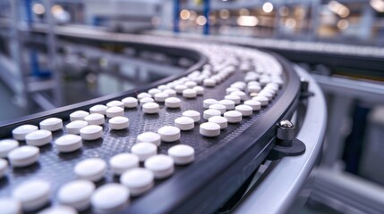 Production of pills capsule medicine in factory It may show equipment, machinery, or processes. related to the production of pharmaceutical products with details such as conveyor belts