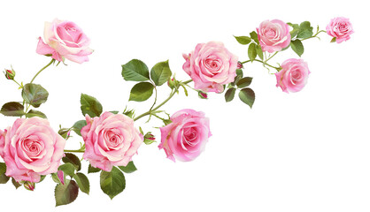 Beautiful pink roses with lush green leaves, cut out