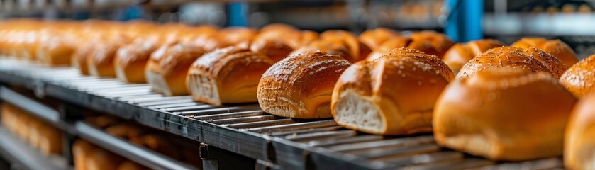 Up-close view of a bakery production line, showcasing freshly baked loaves and rolls placed in a tidy manner on a moving belt.
