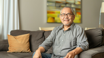 Fototapeta premium copy space, stockphoto,confident senior hispanic man posing sitting in the living room. single mature senior in living room. Happy man sitting. Carefree lifestyle. Aged man in good health.