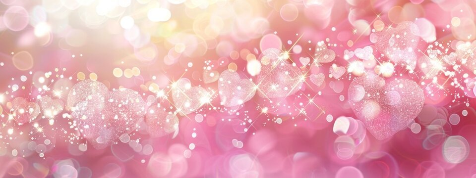 A pink background with hearts and lights, creating an atmosphere of love for Valentine's Day. The design includes sparkles, swirls, bokeh effects.