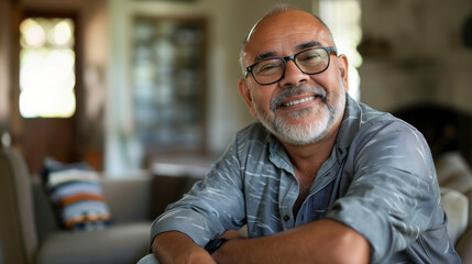 Fototapeta premium copy space, stockphoto,confident senior hispanic man posing sitting in the living room. single mature senior in living room. Happy man sitting. Carefree lifestyle. Aged man in good health.
