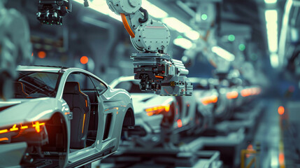 Robotic Arms Assembling Cars in Automotive Factory.