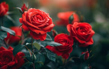 Fototapeta premium Vibrant crimson roses blossoming in the yard