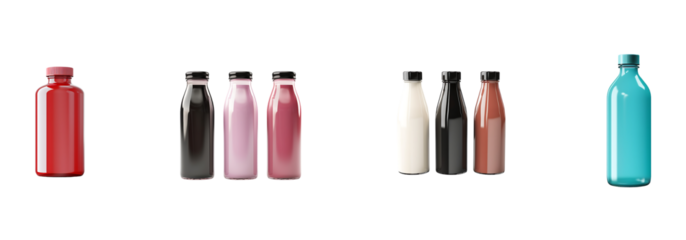 colorful product bottle set on transparent background cutout, PNG file