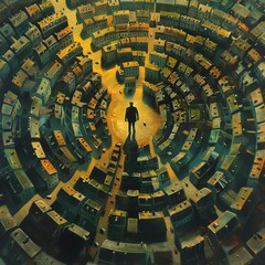 Capture the essence of guilt in a traditional oil painting of a labyrinthine cityscape from a birds eye view, depicting a lone figure standing amidst a sea of intricate, tangled streets and hidden emo