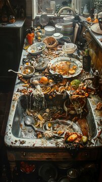 high-angle view of a disgustingly messy kitchen sink overflowing with dirty dishes, rotting food, and moldy leftovers in dark and moody oil painting