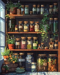 digital pixel art composition of a cozy home kitchen shelf filled with jars of homemade remedies like elderberry syrup and chamomile salve, each jar distinct in shape and color, emitting a wa