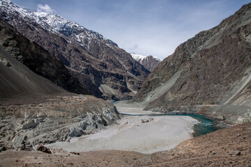 Turquoise colored waters of the Shyok River near the Indian border with China