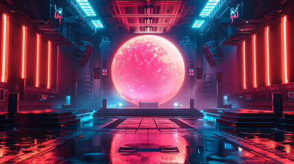 Abstract neon matrix technological stage, cyberpunk future 3D concept illustration