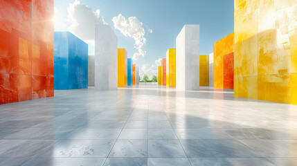 Vibrant architectural composition with colorful geometric walls, shiny tiled flooring, and a bright...