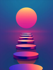 A minimalist digital art piece depicting a path of circular steps leading towards a vibrant sunset, with a gradient sky in the background
