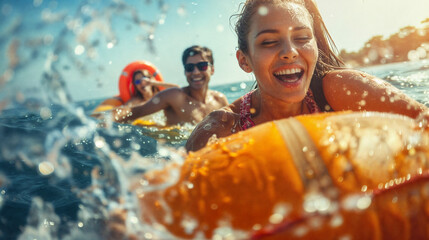 A group of smiling people swim and hang out in the sea waves. Expressive emotional reaction. The pleasure of relaxation and vacation. Splashes from sea water