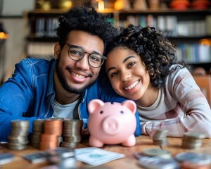Young Couple Exploring Financial Management in Cozy Home Setting